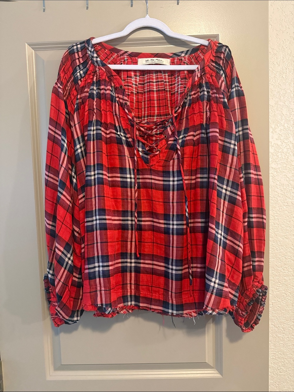 We The Free Women's Red Plaid Lace-Up Long Sleeve Top